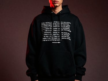 Low-key cinematic studio portrait of a model in a stark black oversized hoodie with high-contrast white typographic print, dramatic red neon rim light, 35mm film look.