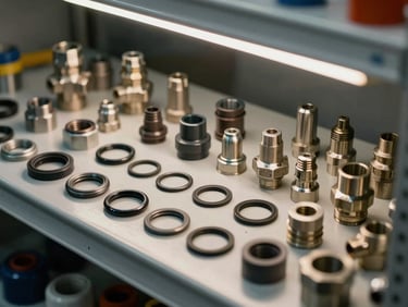 Close-up of organized hydraulic spare parts on metal shelving—seals, O-rings, valve spools, and fittings arranged by category under overhead shop light