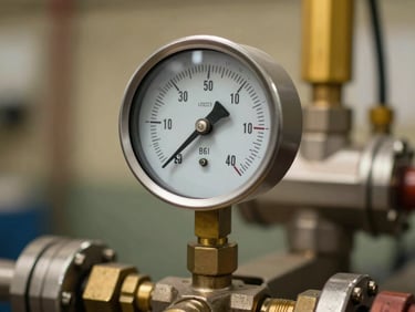 Close-up of a hydraulic pressure gauge mid-reading mounted on a manifold block, needle visible, industrial amber and steel tones under workshop light