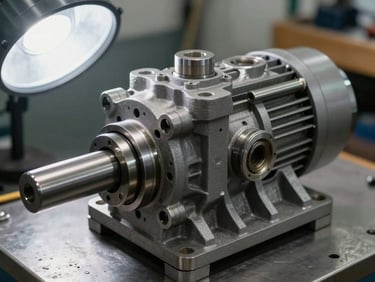 Close-up overhead view of a hydraulic gear pump on a workbench, cast iron housing and shaft visible, industrial overhead light, natural metal tones