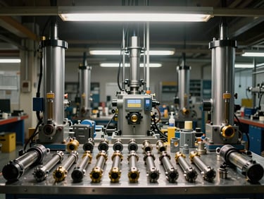 Wide overhead shot of shop floor showing hydraulic power unit mid-assembly, pipes and fittings laid out in organized rows on metal workbench under fluorescent industrial light