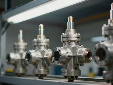 Close-up of hydraulic directional control valves in a block manifold, machined aluminum body, port labels visible, lit by overhead fluorescent shop light