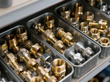 Overhead close-up of hydraulic hose fittings and connectors sorted in metal bins on a shop shelf, brass and steel finishes, sharp industrial light