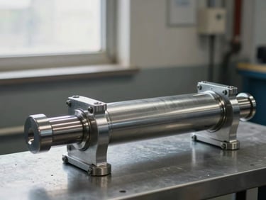 Medium close-up of a hydraulic cylinder barrel and rod assembly on a metal surface, machined chrome finish catching industrial window light, steel grey tones