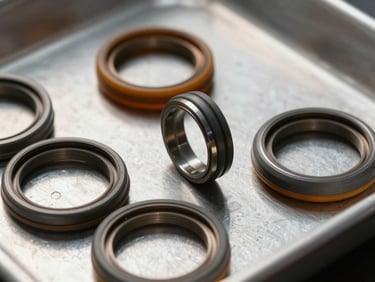 Extreme close-up of hydraulic seals and O-rings arranged on a steel tray under industrial overhead light, amber and grey tones, sharp focus on rubber cross-section