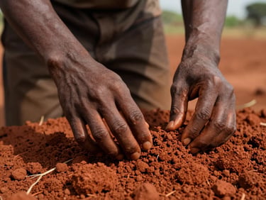 Gros plan de mains paysannes manipulant une terre argileuse rouge et fertile de Kindia, texture riche, lumière naturelle du matin.