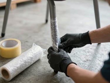 Close-up of gloved hands wrapping a chair leg in bubble wrap on a concrete floor, rolls of protective wrap and packing tape visible nearby, diffused natural warehouse light