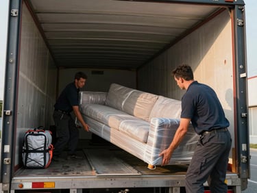 Environmental wide shot of a moving truck loading bay, two workers carefully sliding a wrapped sofa along a ramp, afternoon light spilling across the truck interior, organized blankets and straps visible inside