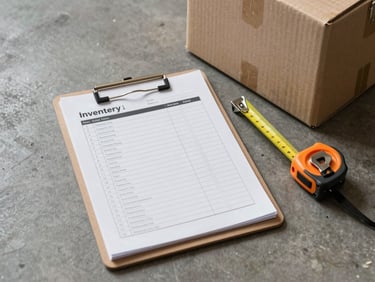 Overhead shot of an organized inventory checklist on a clipboard resting on a warehouse floor, a labeled moving box and a measuring tape beside it, hard studio light from above casting clean shadows