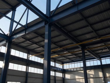 Modern industrial warehouse interior, structural steel framing, bright morning daylight streaming through windows