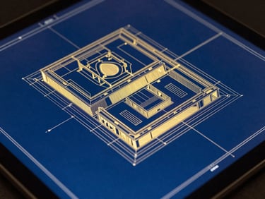 Detailed digital blueprints displayed on a tablet screen, sharp lighting highlighting structural lines, architectural gold accents