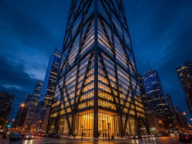 Wide-angle architectural twilight shot of a modern glass skyscraper corner, highlighting geometric steel beams, deep blue and gold ambient light.