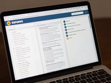 Close-up of a laptop screen showing a language lesson builder interface with French vocabulary sets, worksheet thumbnails, and a speaking prompt panel arranged in a clean dashboard grid, studio lighting, sharp interface detail