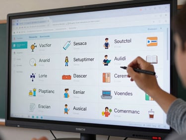 Close-up of a classroom screen displaying a vocabulary builder tool with Spanish words and image prompts, students' hands visible in the foreground taking notes, studio-style lighting on the screen, sharp interface detail