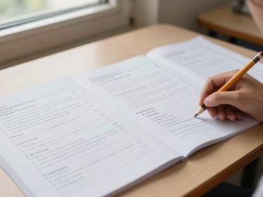 Close-up of printed French worksheet pages fanned on a student desk, pencil resting on one page, natural classroom window light, crisp and well-composed