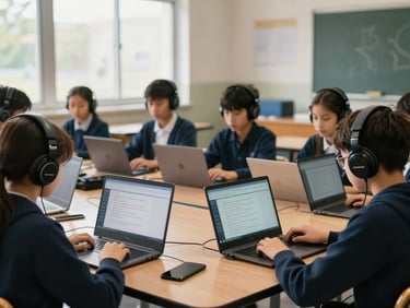 Wide shot of a small group of middle school students at a table wearing headphones, each looking at a laptop screen showing a speaking prompt interface, natural daylight classroom