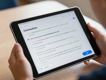 Close-up of a student's tablet screen showing a Spanish AI conversation interface with a text exchange, response scoring indicators, and a microphone prompt button, natural classroom light from behind, student hands partially visible holding the device
