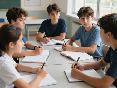 Small group of middle school students gathered around a table practicing French conversation, notebooks visible, natural classroom daylight, environmental medium shot showing collaborative speaking activity