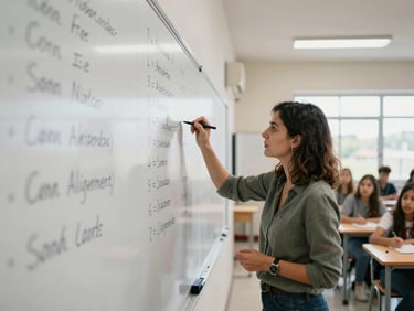 Teacher at the front of a Spanish classroom writing standards alignment notes on a whiteboard, students at desks visible in background, natural window light, environmental wide shot showing classroom context