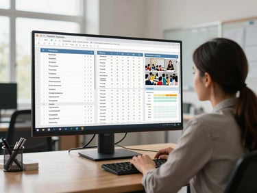 Environmental wide shot of a teacher seated at a desk reviewing a multi-panel progress dashboard on a large monitor, showing student speaking logs, assessment scores, and a class overview grid, natural window daylight from the left, tidy school office setting visible in the background