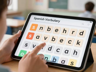 Tablet screen showing an interactive Spanish vocabulary builder activity with word tiles, student hand touching the screen, bright classroom background slightly blurred