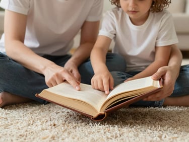 A parent and child sitting together on a cream rug, holding a beautifully bound open book, warm natural light, focus on the physical book and gentle interaction.