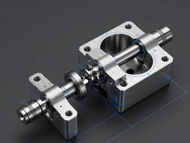 Orthographic technical CAD drawing of a mold base assembly, exploded view showing precise steel plates and ejector systems, blue and silver vector lines on charcoal background.