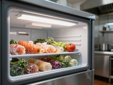 Close-up of a chest freezer lid partially open inside a catering prep kitchen, stacked frozen ingredients visible inside, overhead fluorescent lighting, clean stainless steel counter in background