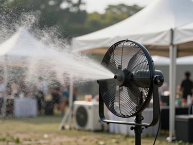 Environmental shot of a misty fan unit operating at an outdoor event space, fine mist spray visible in air, portable fan mounted on stand, daytime natural light, tents and event setup visible in background