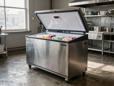 Wide-angle shot of a chest freezer unit positioned inside a catering prep area, lid open showing frozen goods packed inside, natural daylight from side window, concrete floor, industrial kitchen environment