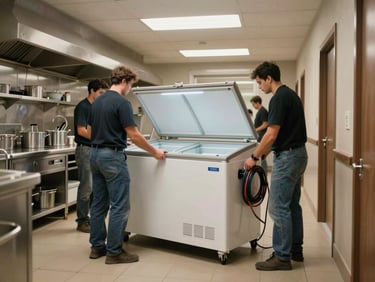 Wide environmental shot, installation crew positioning a large chest freezer unit inside a hotel kitchen corridor, worker connecting power cable at back of unit, overhead fluorescent lighting, tiled floor, stainless steel kitchen surfaces visible