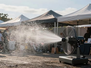 Wide shot of a misty fan unit operating at an outdoor event booth, fine water mist spraying forward into open air, afternoon daylight, market stall canopies visible in background