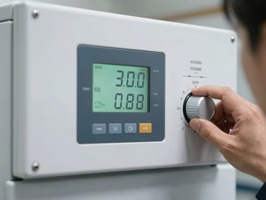 Close-up of a digital temperature control panel on a commercial freezer unit, LCD display showing minus temperature reading, clean white panel surface, technician hand adjusting dial partially in frame