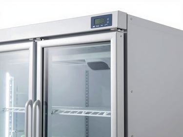 Close-up product shot, showcase chiller unit with glass door panels, digital temperature display visible on front panel, clean studio lighting, white background, commercial refrigeration unit