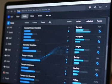 Dark-mode dashboard screen showing a ranked recommendation list with bar chart indicators, electric blue priority markers next to each row, abstract data visualization elements, cool clinical lighting from the screen