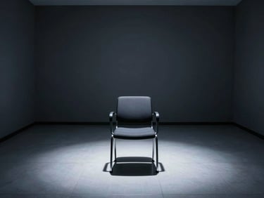 Clinical wide-angle shot of an empty consular interview room, single chair under a high-contrast cool spotlight, minimalist dark walls, geometric shadow lines on the floor, no people, prepared and precise atmosphere