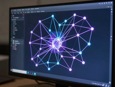Close-up of an AI processing visualization on a dark monitor, purple and blue neural network nodes connected by glowing lines, heatmap overlay showing pattern recognition in progress, cool 5000K lighting