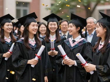 A joyful graduation scene with students in elegant academic gowns holding scrolls, gold confetti in the air, proud families smiling in the background.