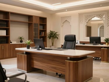 An elegant, structured administrative office with warm wooden accents, a clean desk, and traditional Gulf architectural motifs in the background.