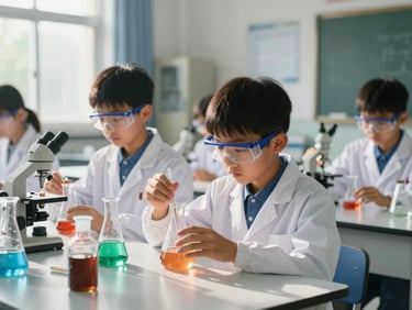 A bright, modern school science laboratory with students wearing protective goggles, conducting a safe chemistry experiment under natural morning light.
