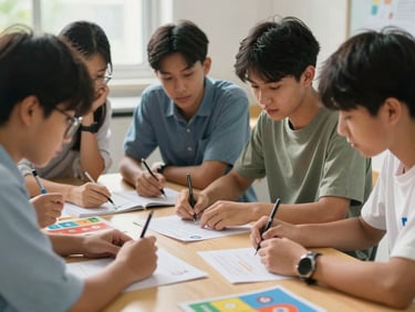 A bright photograph of students collaborating on a science project, colorful educational materials on the table, natural lighting.