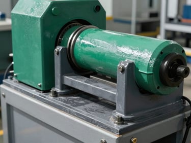 Close-up of industrial machinery on a manufacturing floor, crisp daylight, cool slate tones with vivid emerald accents, highly detailed, 35mm