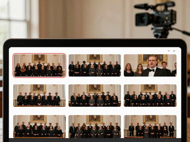An editing screen showing a social media timeline with video clips of a church choir, a professional camera on a tripod in the background, soft warm indoor lighting.
