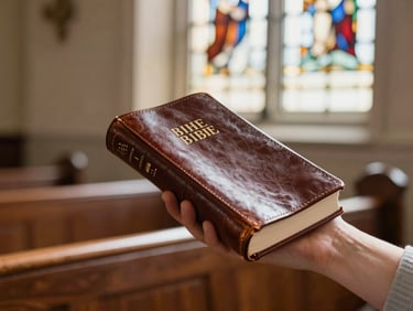 Close-up of a hand holding a leather-bound Bible in a warm church pew, soft morning light filtering through stained glass, shallow depth of field, warm editorial style.