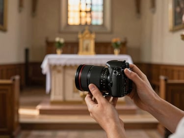A camera lens being adjusted by a creator's hands, with a quiet, beautifully lit wooden church altar softly blurred in the background, golden hour light.