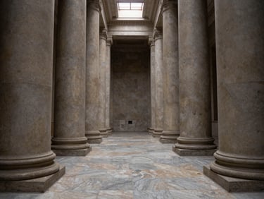 Architectural detail of a tribunal corridor, tall stone columns receding into shadow, a single overhead skylight casting a narrow column of daylight across worn marble floor, empty and silent, framed from a low wide angle