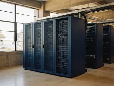 Minimalist, clean server racks with soft status indicators, architectural framing, warm natural daylight from a high window, 35mm
