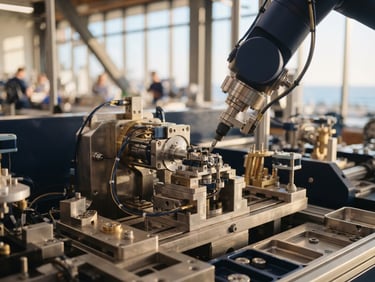 Close-up of a high-precision physical manufacturing line, metallic surfaces reflecting warm natural sunlight, soft focus background, 35mm