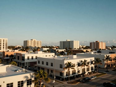 A wide environmental shot of a coastal Florida business district, modern low-rise architecture with palm trees, soft late afternoon daylight, 35mm film style.