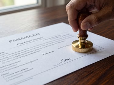 Close-up macro shot of an official Panamanian corporate registry document being stamped with a brass seal on a clean dark oak desk, bright natural daylight from a side window, sharp details of paper texture